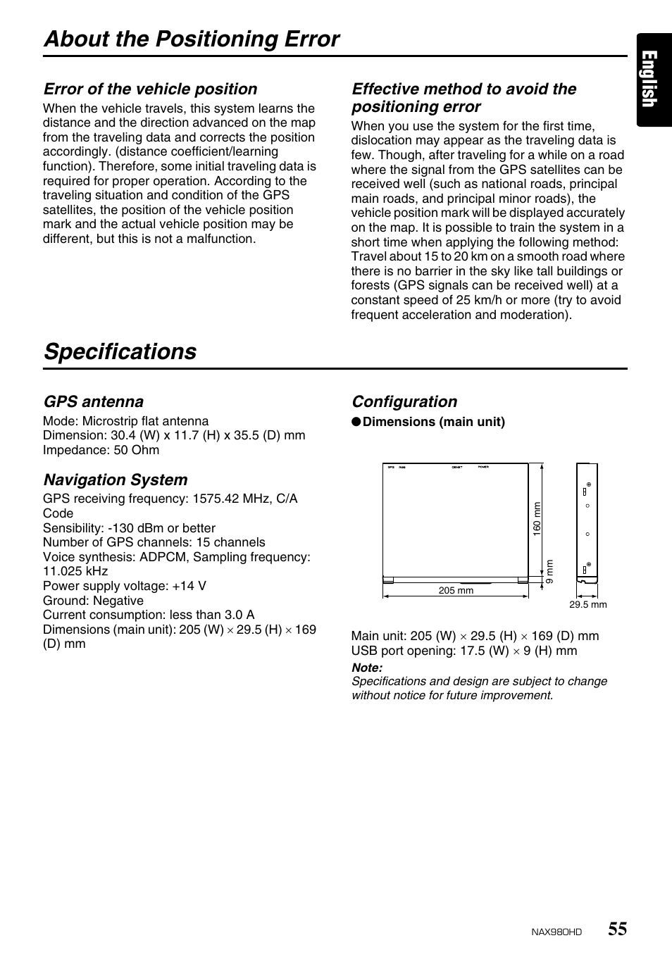 About the positioning error, Specifications, English | Clarion NAX980HD User Manual | Page 54 / 59