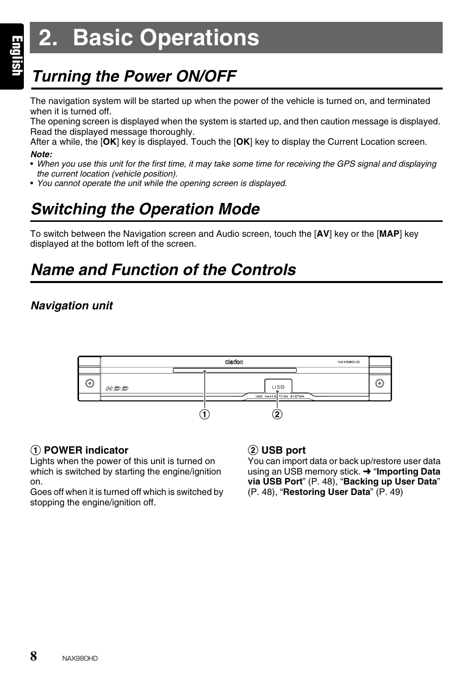 Basic operations, Turning the power on/off, Switching the operation mode | Name and function of the controls, English | Clarion NAX980HD User Manual | Page 7 / 59