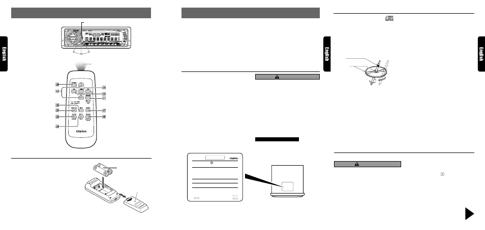 Precautions, Remote control, Handling compact discs | Flip down panel, Inserting the batteries, Remote control unit, Caution, Handling, Storage, Cleaning | Clarion RDX655DZ User Manual | Page 3 / 20