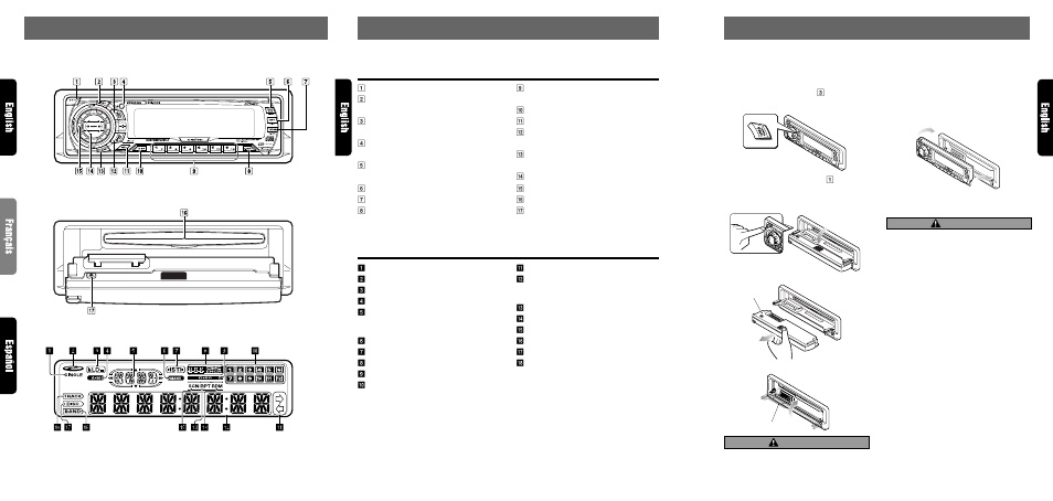 Nomenclature, Controls / les commandes / controles, Names of buttons | Display items, Caution, Source unit / appareil pilote / unidad fuente, Attaching the dcp, Removing the dcp | Clarion RDX655DZ User Manual | Page 4 / 20