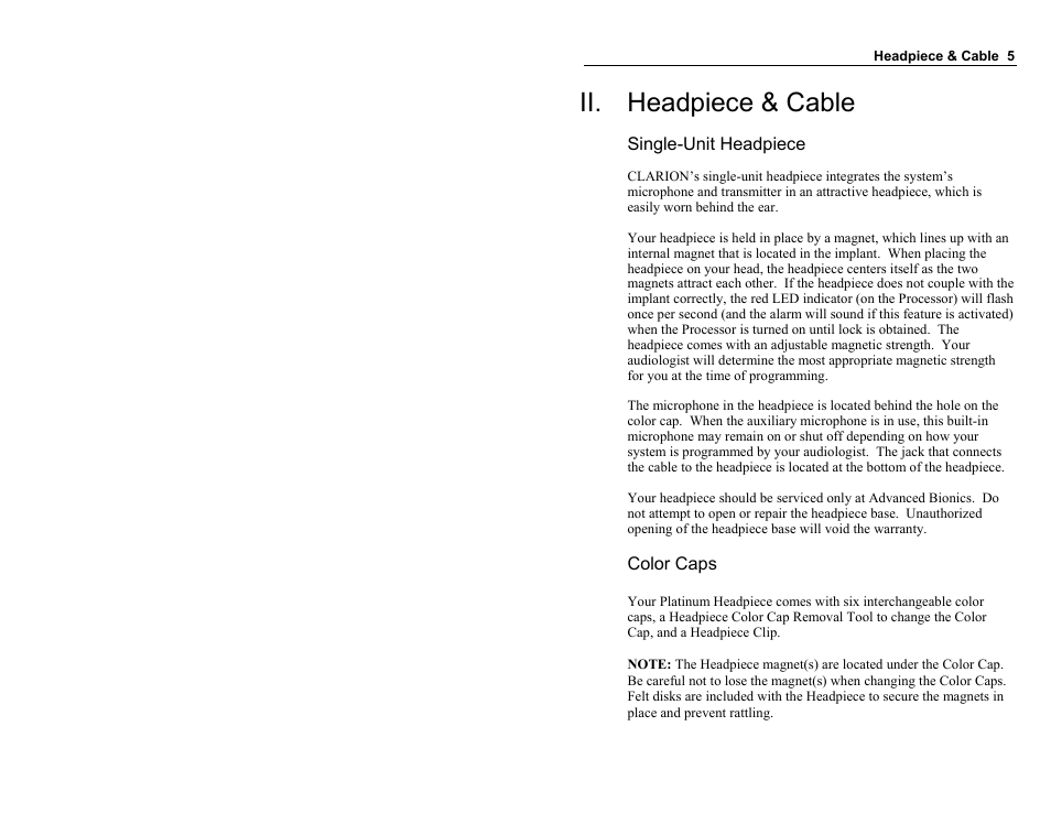 Ii. headpiece & cable | Clarion Platinum Sound Processor User Manual | Page 10 / 37