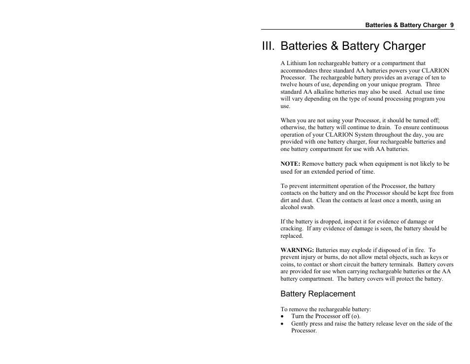 Iii. batteries & battery charger | Clarion Platinum Sound Processor User Manual | Page 14 / 37