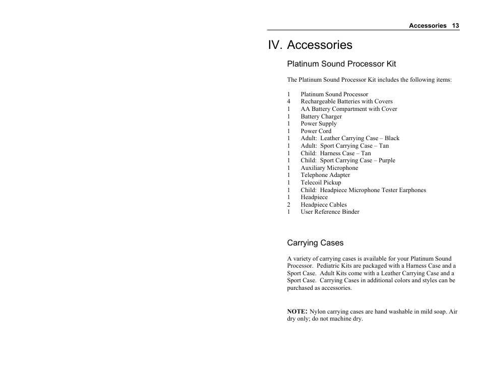 Iv. accessories, Platinum sound processor kit, Carrying cases | Clarion Platinum Sound Processor User Manual | Page 18 / 37