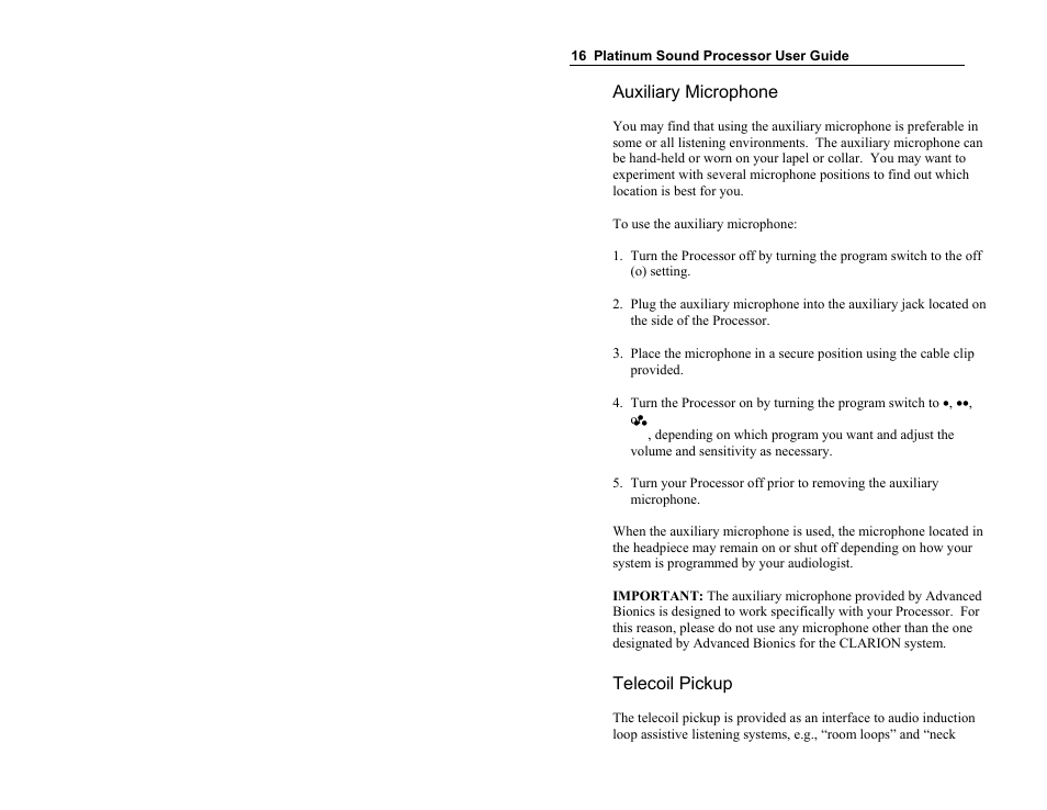 Auxiliary microphone, Telecoil pickup | Clarion Platinum Sound Processor User Manual | Page 21 / 37