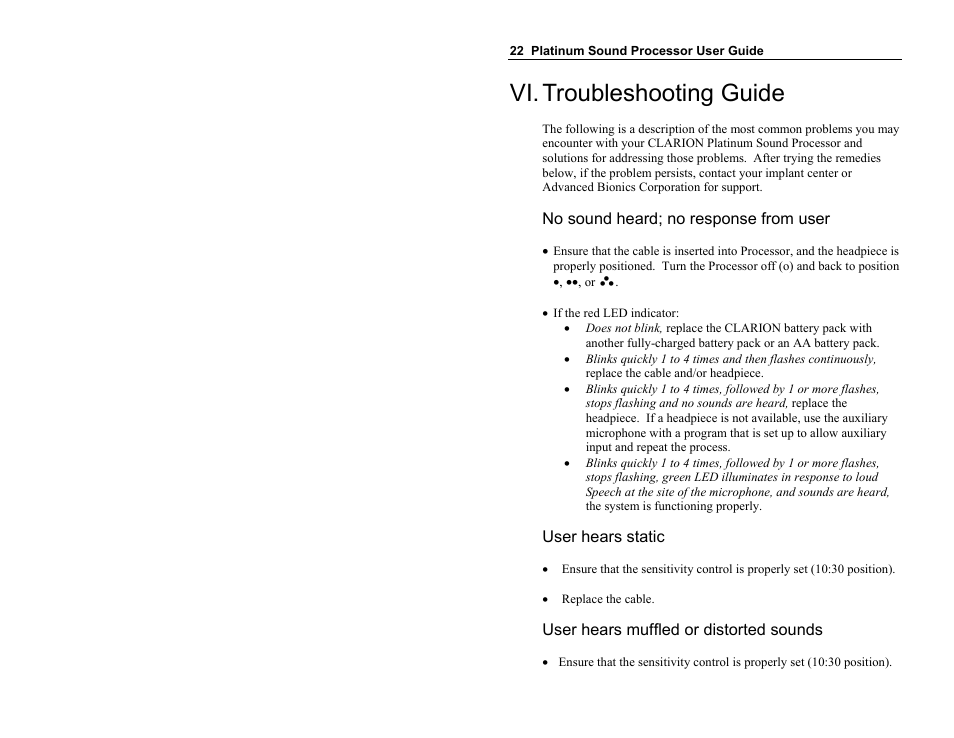 Vi. troubleshooting guide | Clarion Platinum Sound Processor User Manual | Page 27 / 37