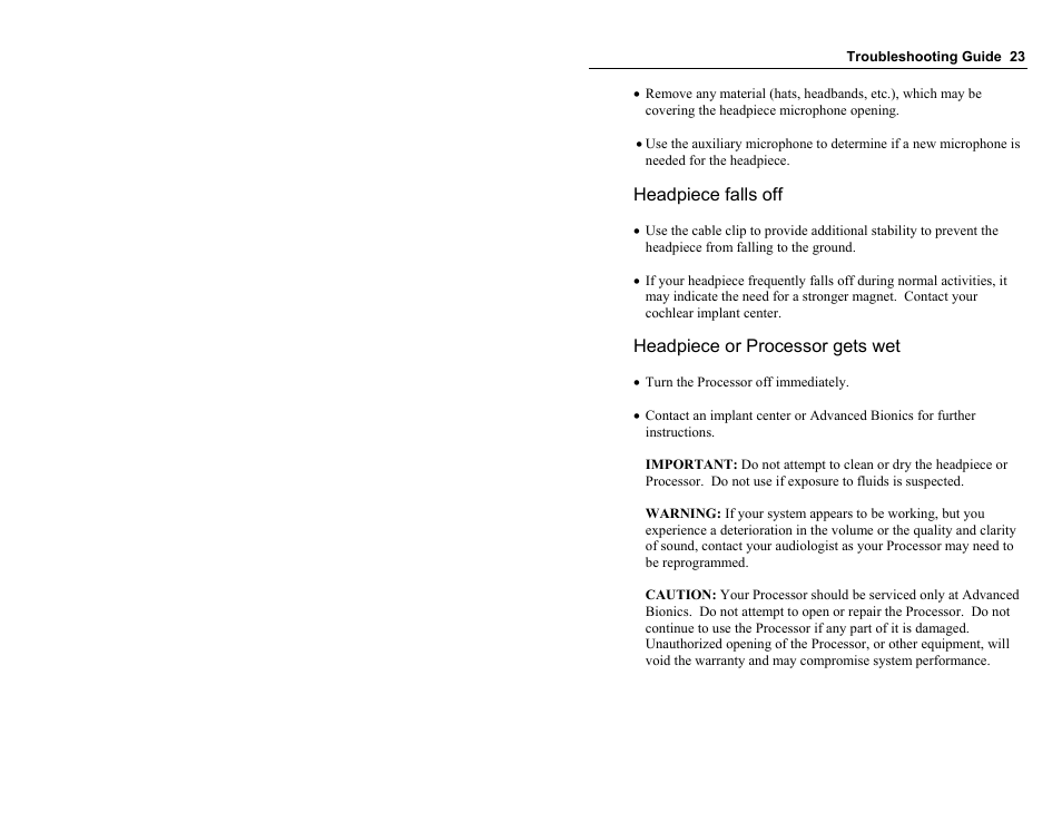 Headpiece falls off, Headpiece or processor gets wet | Clarion Platinum Sound Processor User Manual | Page 28 / 37