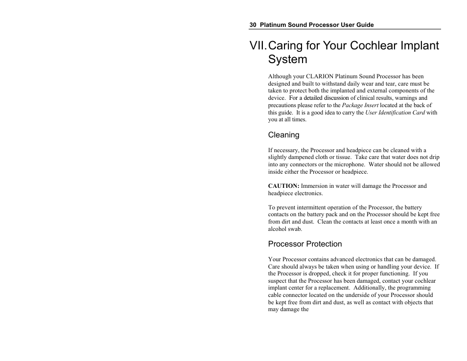Vii. caring for your cochlear implant system | Clarion Platinum Sound Processor User Manual | Page 35 / 37