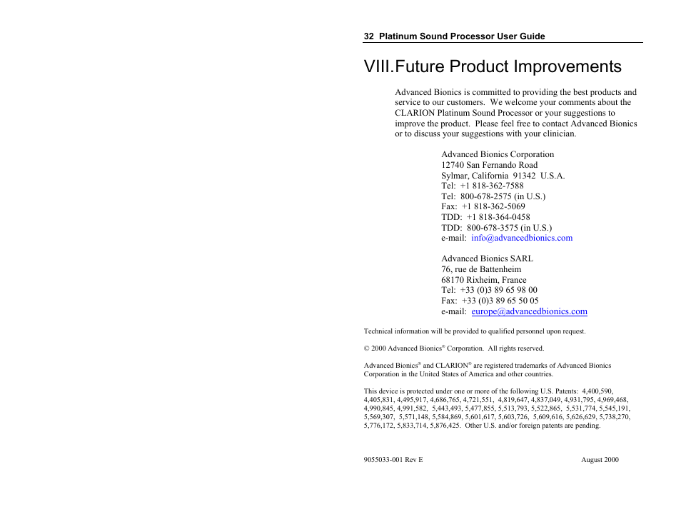 Viii. future product improvements | Clarion Platinum Sound Processor User Manual | Page 37 / 37