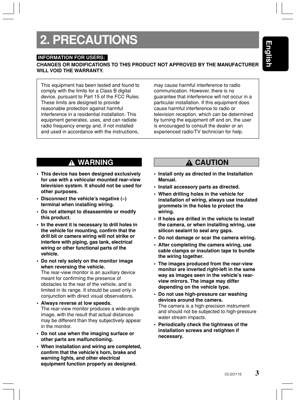 Precautions, 3english, Caution warning | Clarion CC-2011E User Manual | Page 3 / 10