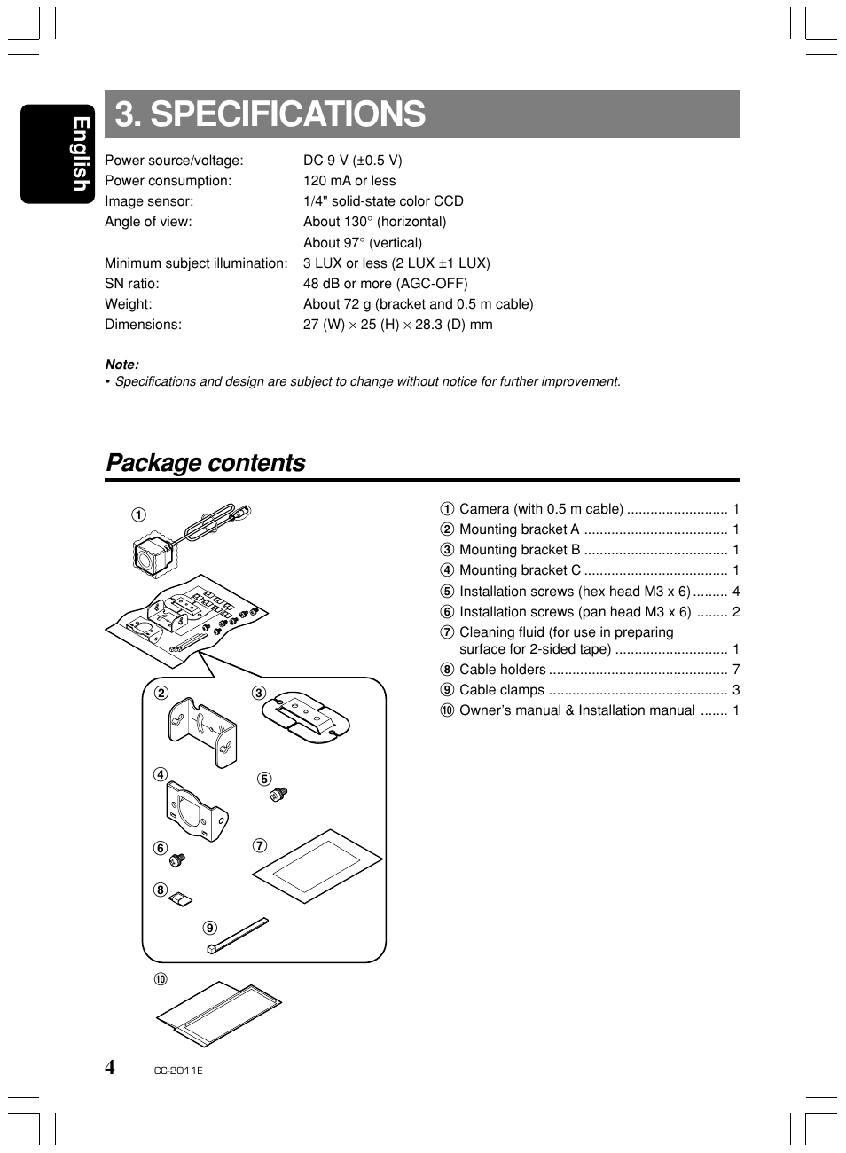 Specifications, Package contents, English | Clarion CC-2011E User Manual | Page 4 / 10