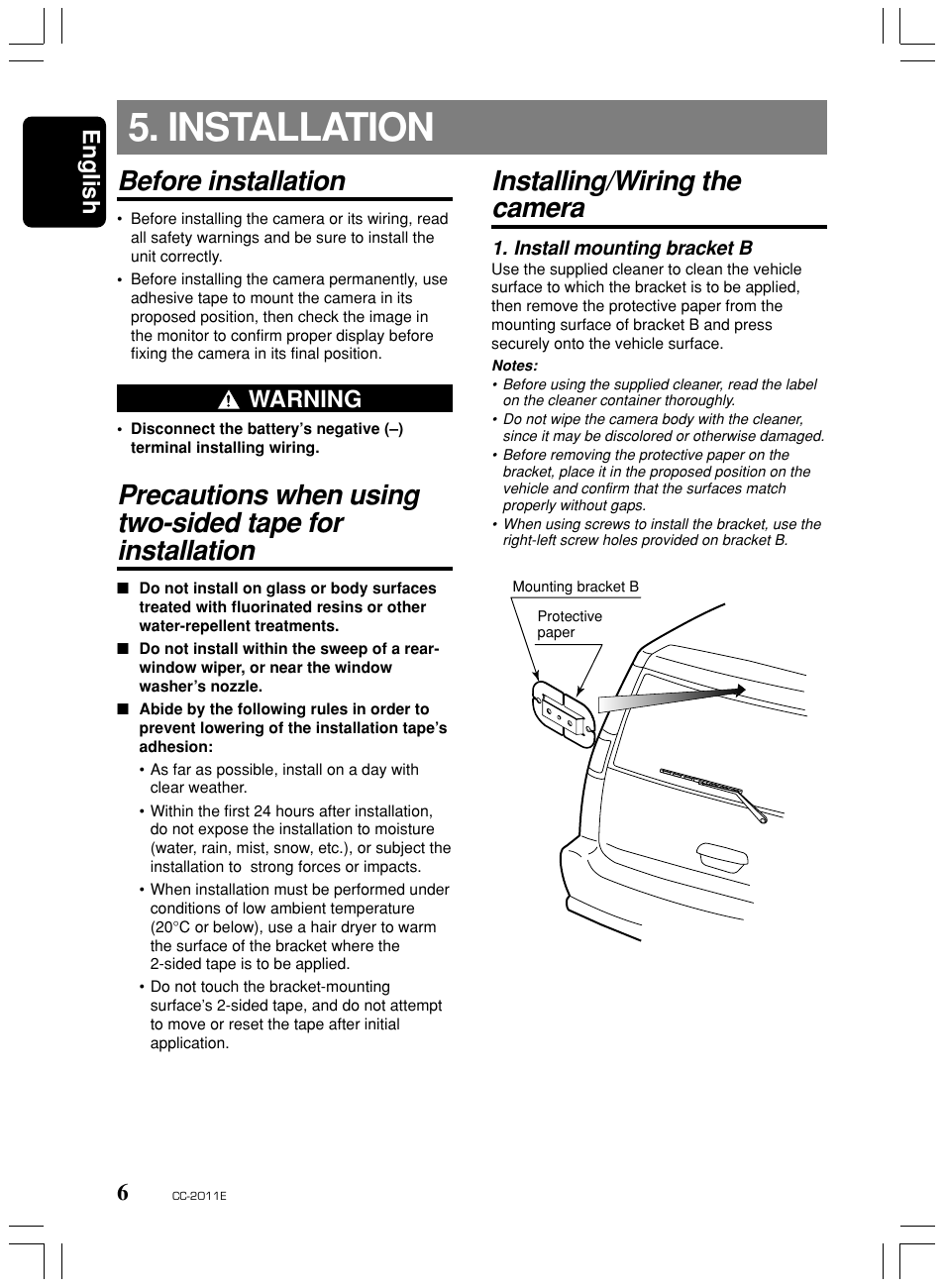 Installation, Before installation, Installing/wiring the camera | English, Warning | Clarion CC-2011E User Manual | Page 6 / 10