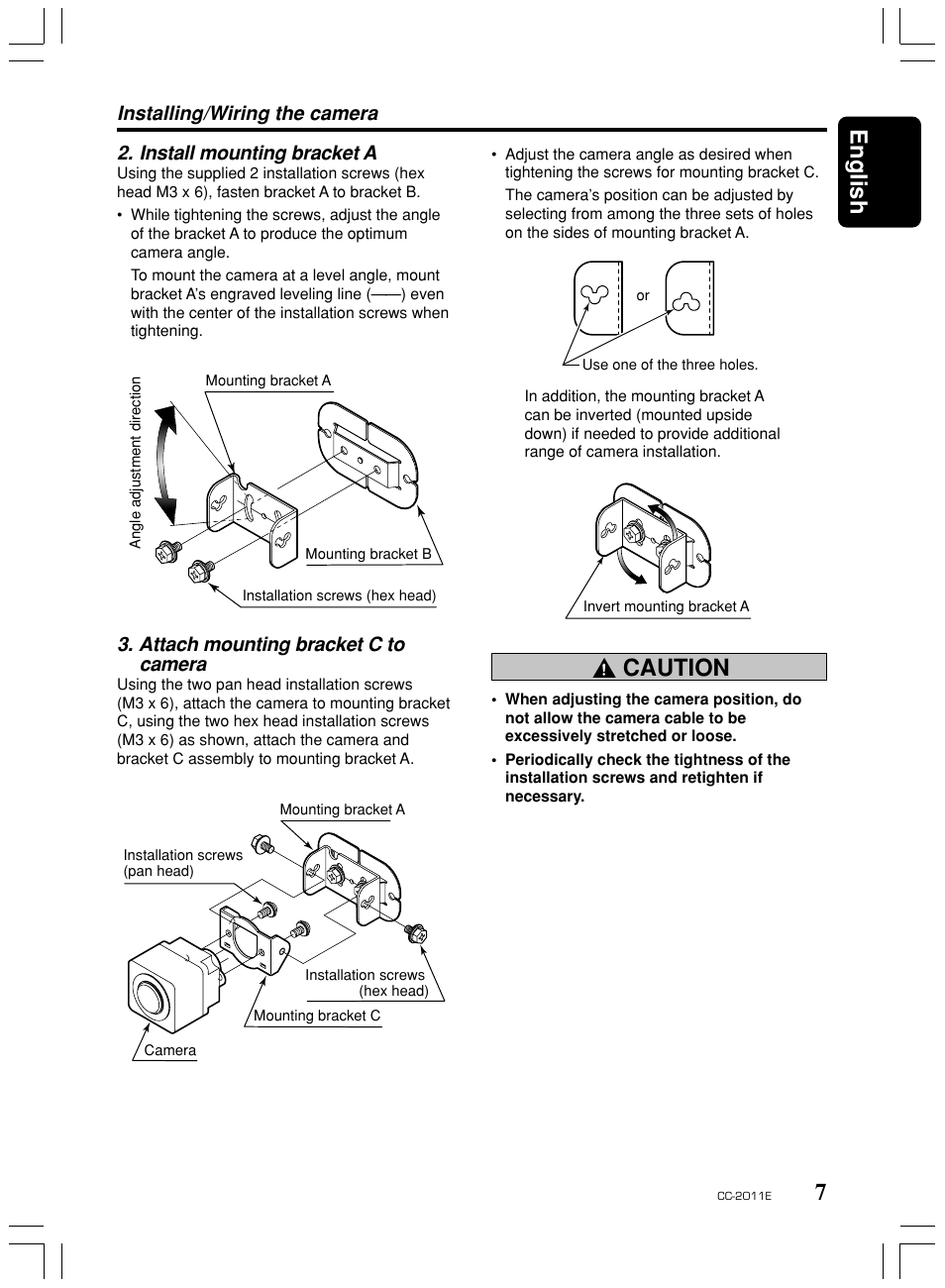 7english, Caution, Attach mounting bracket c to camera | Clarion CC-2011E User Manual | Page 7 / 10