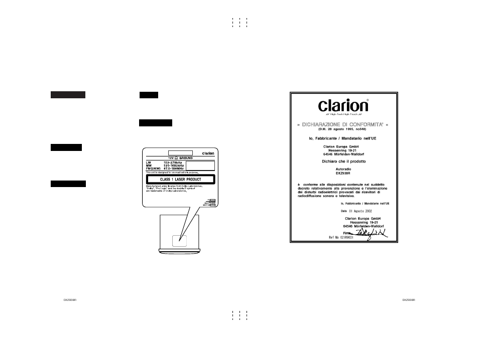 Cautions, Caution, Advarsel | Varoitus | Clarion DXZ938R User Manual | Page 2 / 33