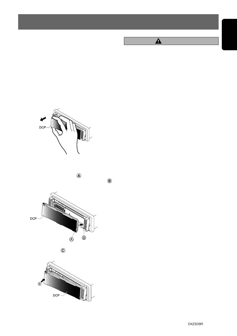 9english, Caution, Removing the dcp | Attaching the dcp | Clarion DXZ938R User Manual | Page 5 / 33