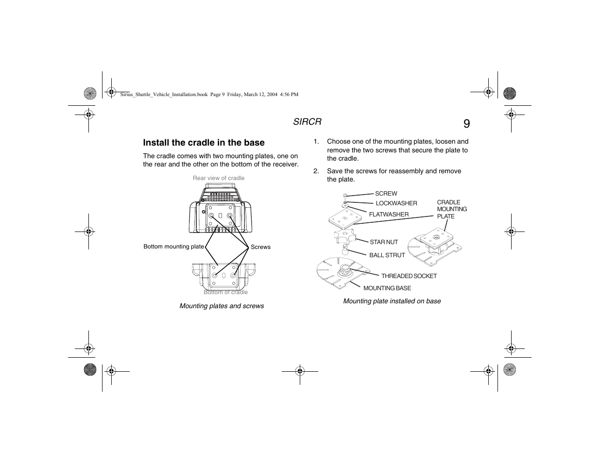 Install the cradle in the base, Sircr | Clarion SIRIUS SIRCR User Manual | Page 11 / 20