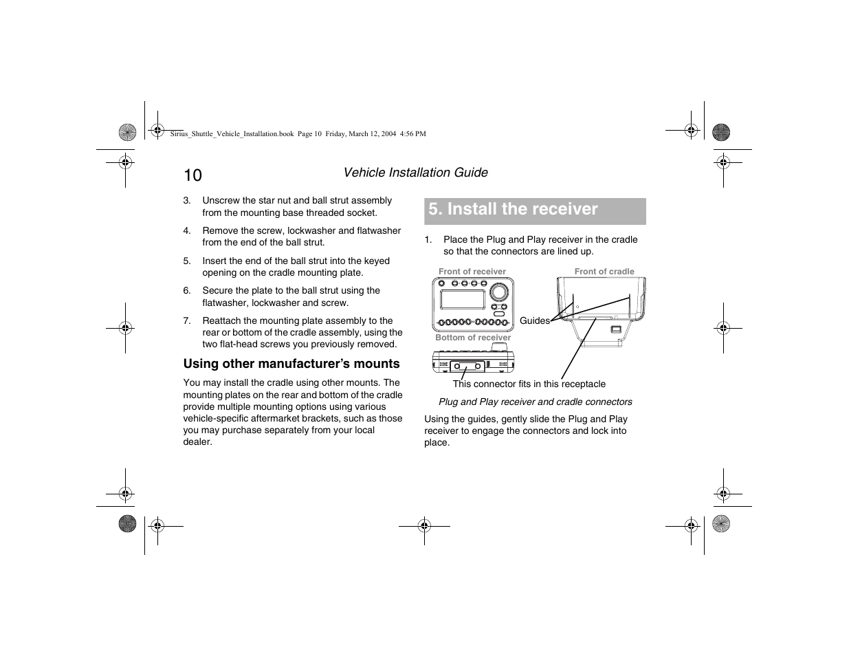 Using other manufacturer’s mounts, Install the receiver | Clarion SIRIUS SIRCR User Manual | Page 12 / 20