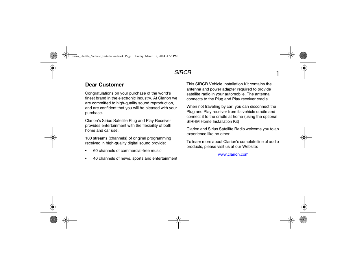 Dear customer | Clarion SIRIUS SIRCR User Manual | Page 3 / 20