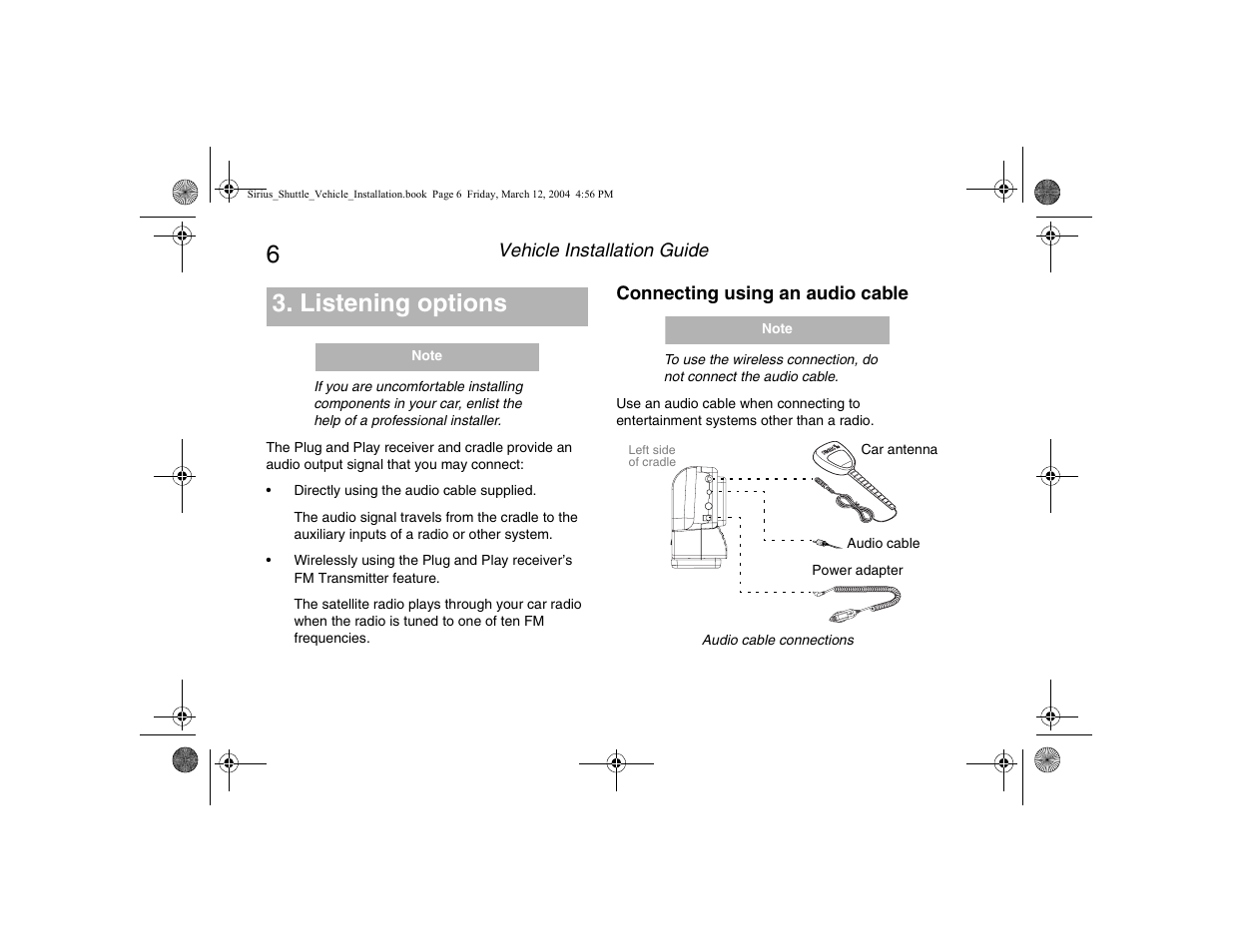 Listening options, Connecting using an audio cable | Clarion SIRIUS SIRCR User Manual | Page 8 / 20