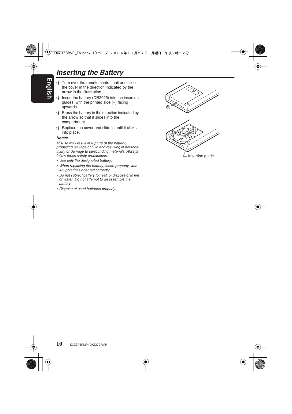 Inserting the battery, English 10 | Clarion DXZ378RMP User Manual | Page 10 / 39