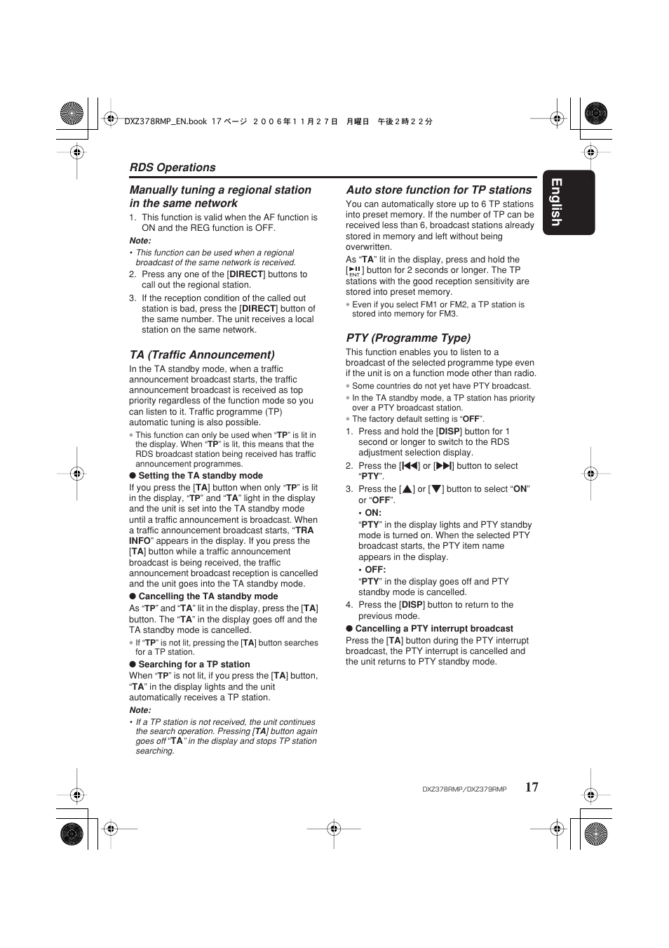 English 17, Rds operations, Ta (traffic announcement) | Auto store function for tp stations, Pty (programme type) | Clarion DXZ378RMP User Manual | Page 17 / 39