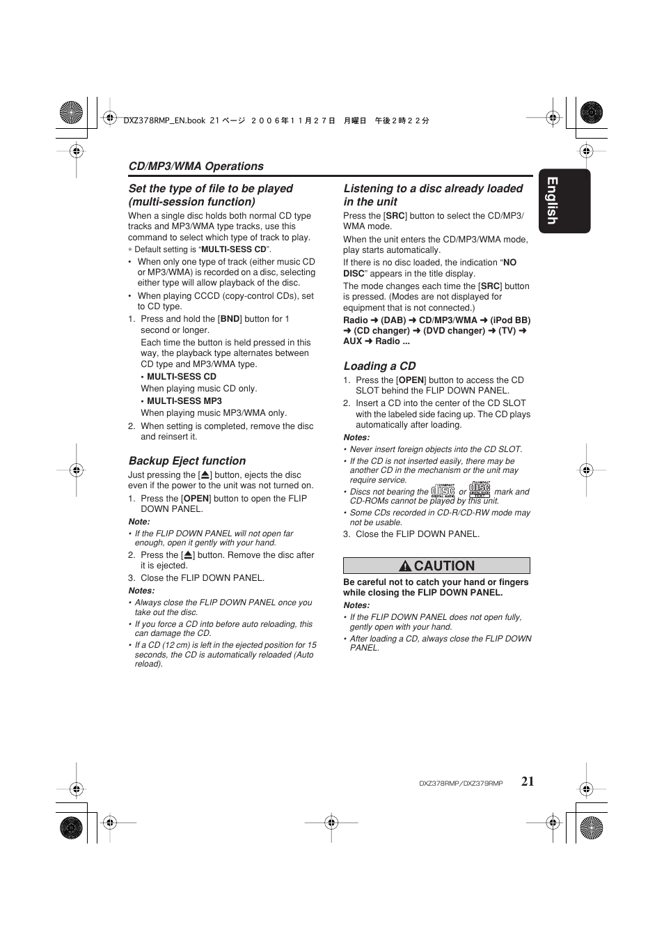 English 21, Caution, Cd/mp3/wma operations | Backup eject function, Listening to a disc already loaded in the unit, Loading a cd | Clarion DXZ378RMP User Manual | Page 21 / 39