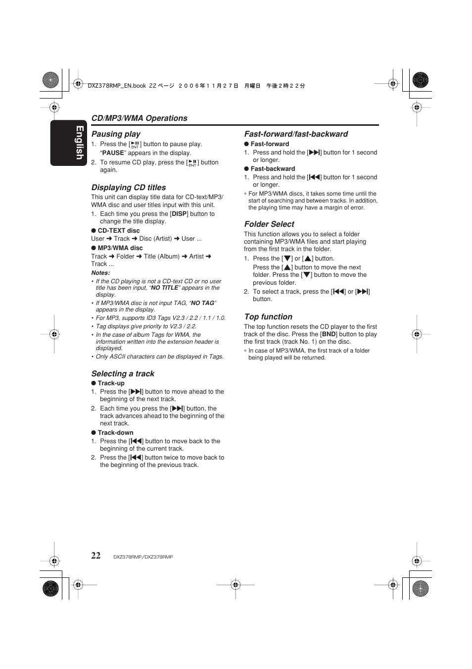 English 22, Cd/mp3/wma operations, Pausing play | Displaying cd titles, Selecting a track, Fast-forward/fast-backward, Folder select, Top function | Clarion DXZ378RMP User Manual | Page 22 / 39