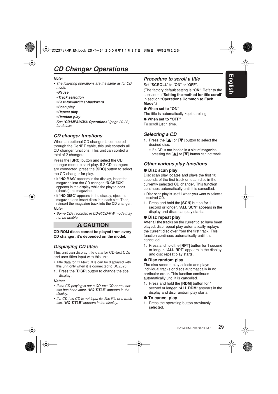 Cd changer operations, English 29, Caution | Cd changer functions, Displaying cd titles, Procedure to scroll a title, Selecting a cd, Other various play functions | Clarion DXZ378RMP User Manual | Page 29 / 39