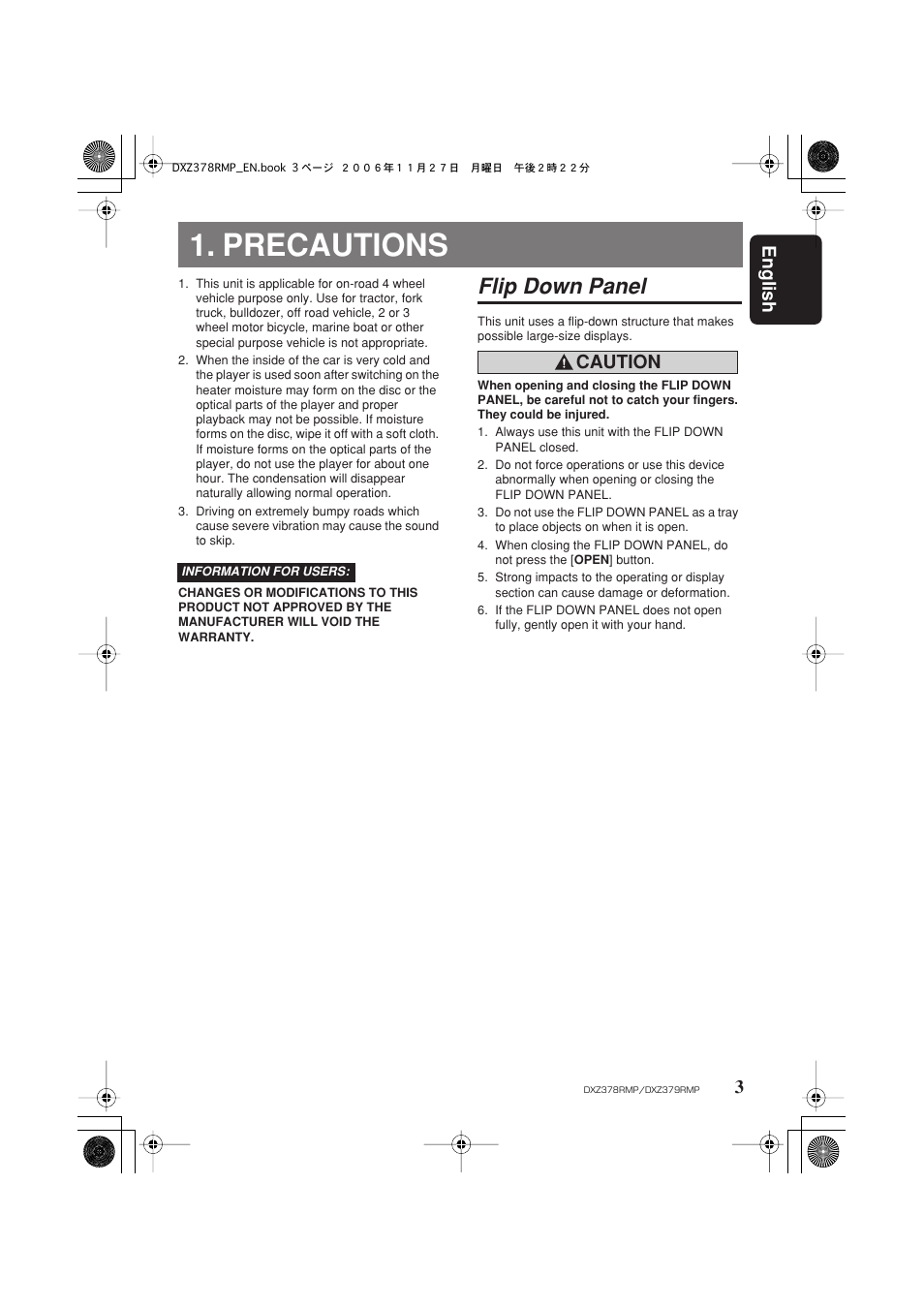 Precautions, Flip down panel, English 3 | Caution | Clarion DXZ378RMP User Manual | Page 3 / 39