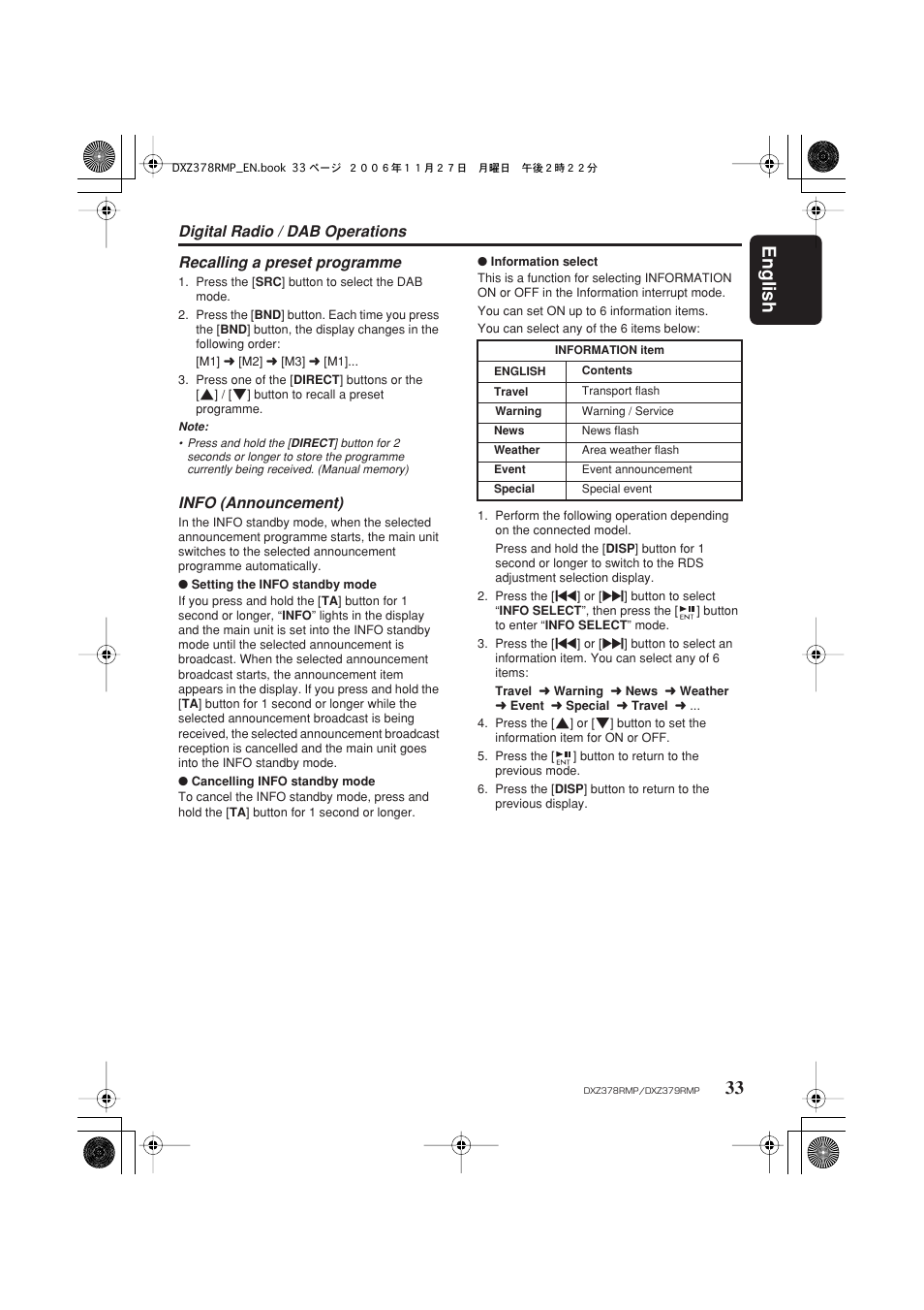 English 33, Digital radio / dab operations, Recalling a preset programme | Info (announcement) | Clarion DXZ378RMP User Manual | Page 33 / 39