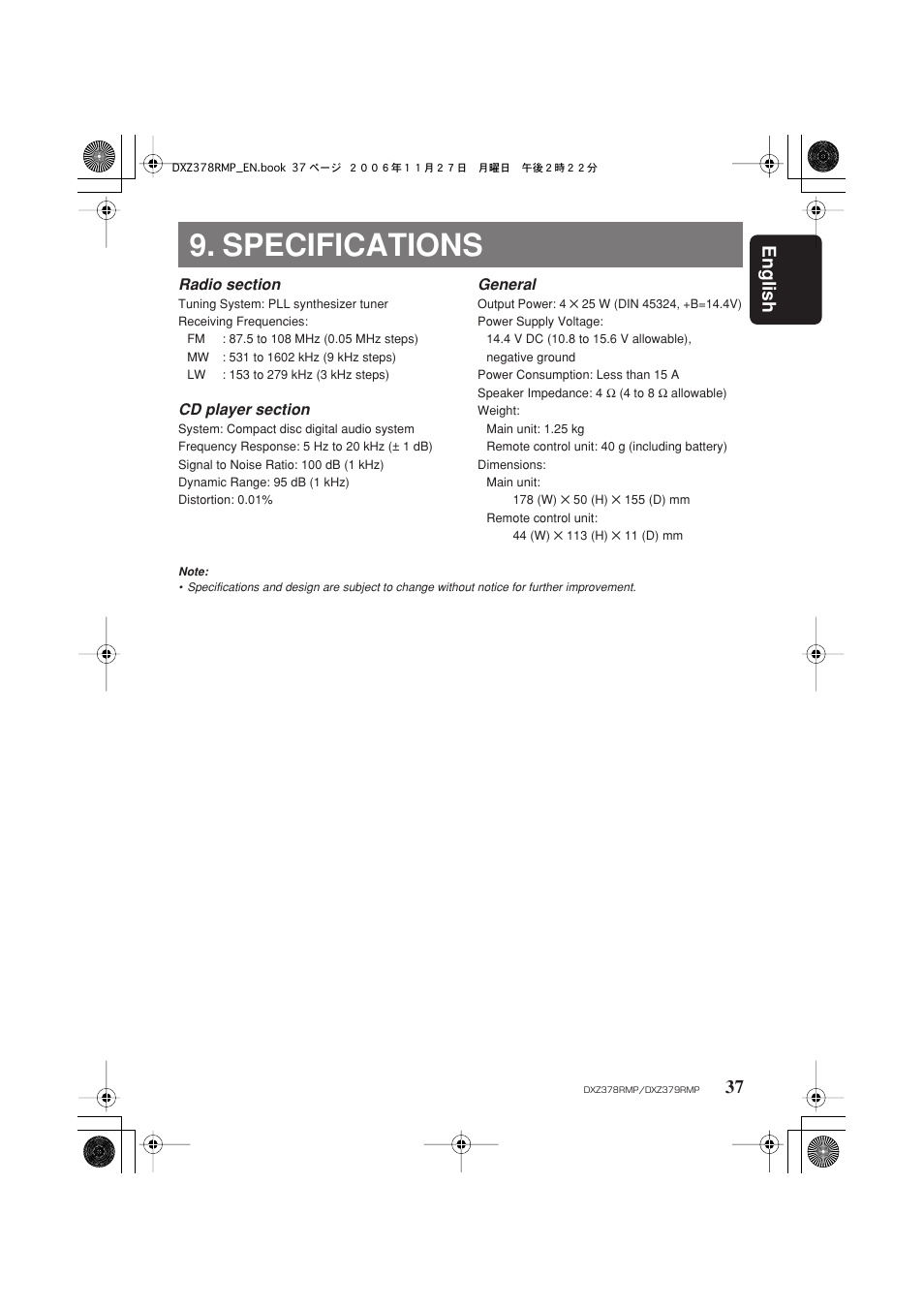 Specifications, English 37 | Clarion DXZ378RMP User Manual | Page 37 / 39