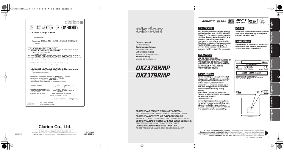 Ce declaration, Clarion co., ltd, English i | Français deutsch italiano, Nederlands español svenska, Português, Cautions, Caution, Advarsel, Varoitus | Clarion DXZ378RMP User Manual | Page 39 / 39