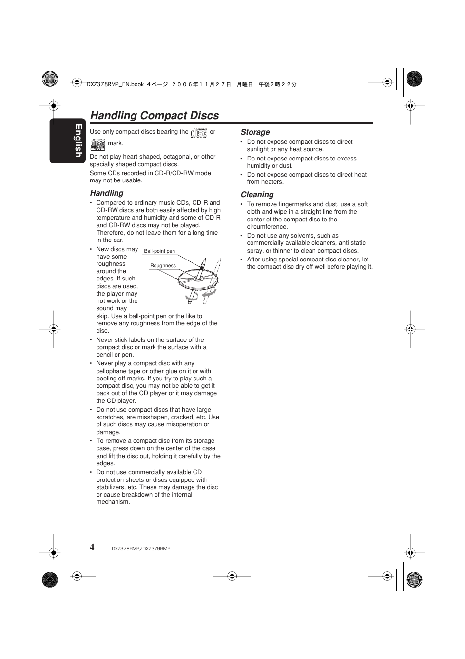 Handling compact discs, English 4 | Clarion DXZ378RMP User Manual | Page 4 / 39