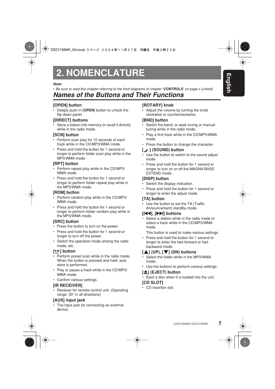 Nomenclature, Names of the buttons and their functions, English 5 | Clarion DXZ378RMP User Manual | Page 5 / 39