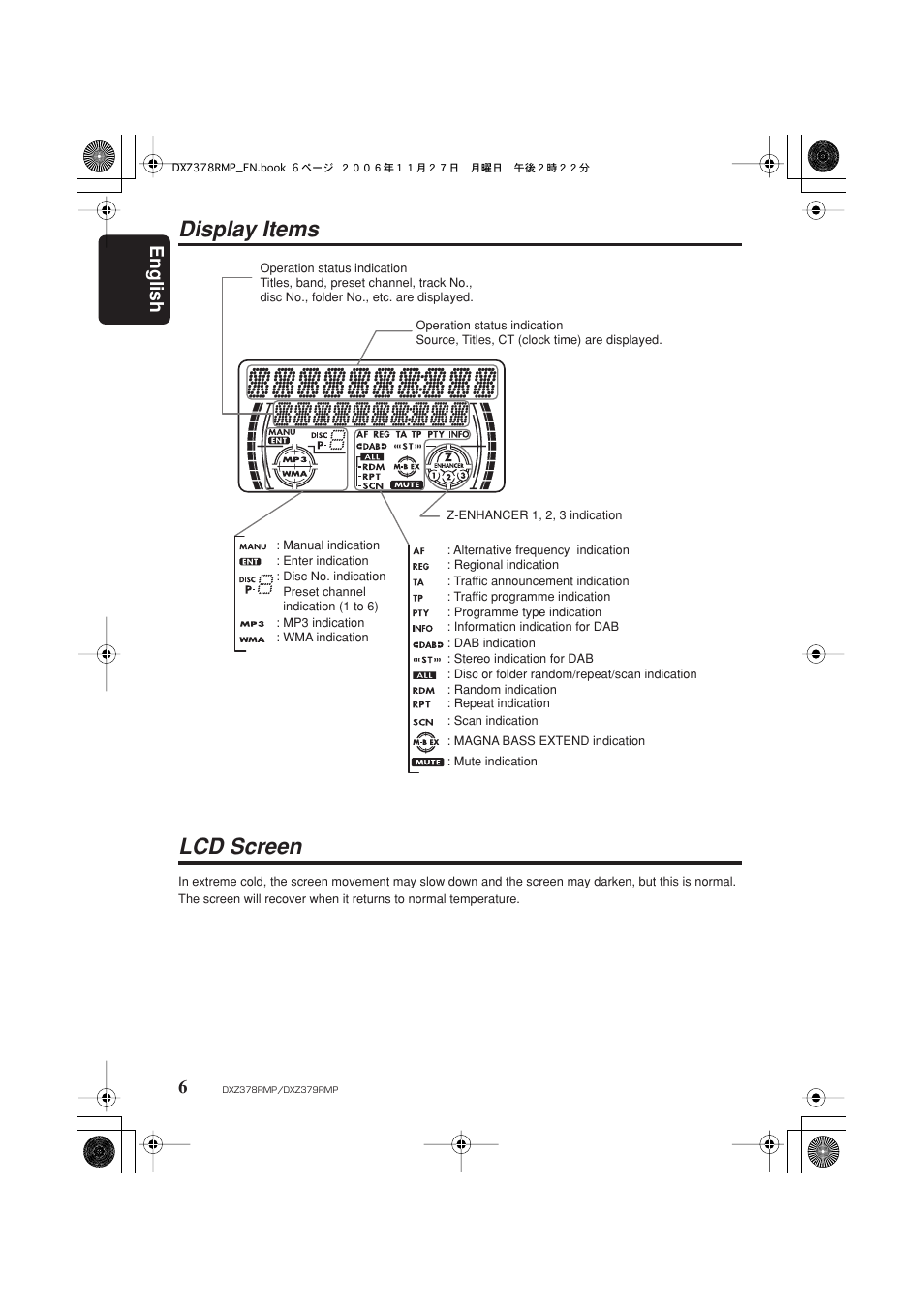 Display items, Lcd screen, Display items lcd screen | English 6 | Clarion DXZ378RMP User Manual | Page 6 / 39