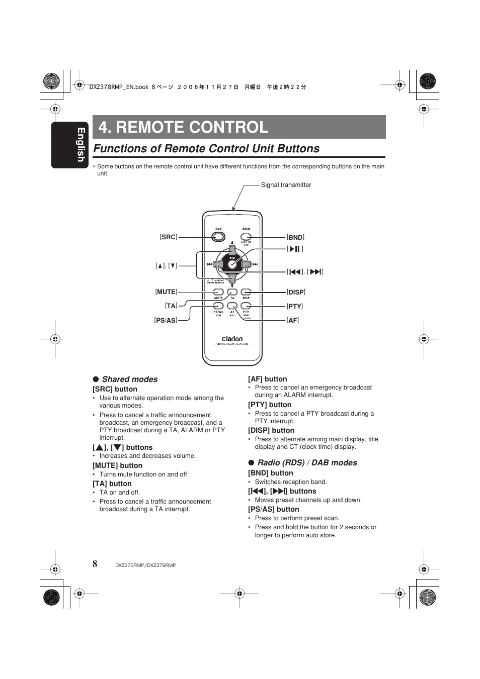 Remote control, Functions of remote control unit buttons, English 8 | Clarion DXZ378RMP User Manual | Page 8 / 39