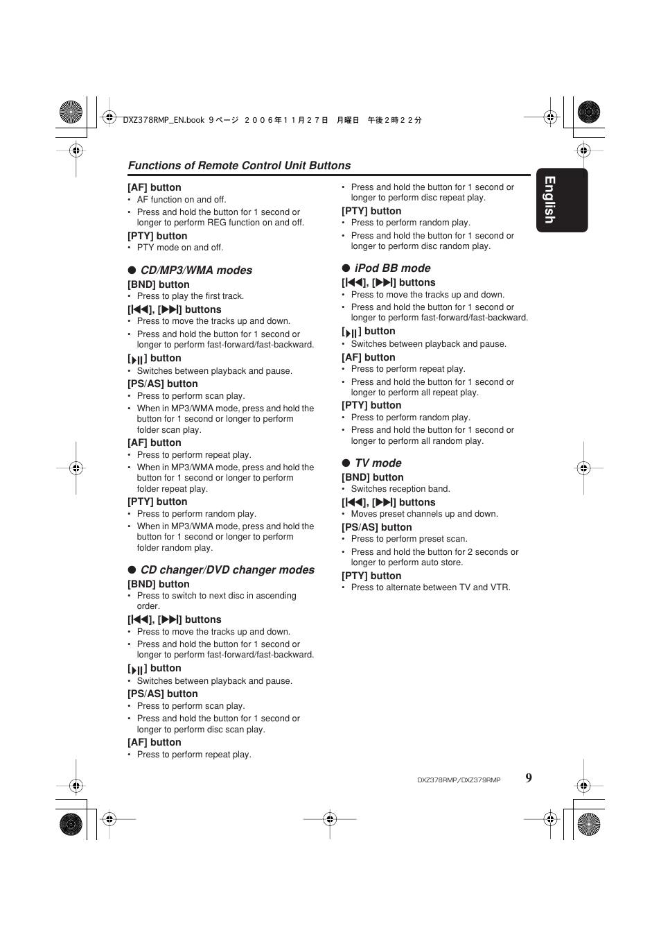 English 9 | Clarion DXZ378RMP User Manual | Page 9 / 39