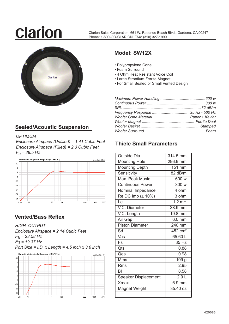 Clarion SW12X User Manual | 1 page