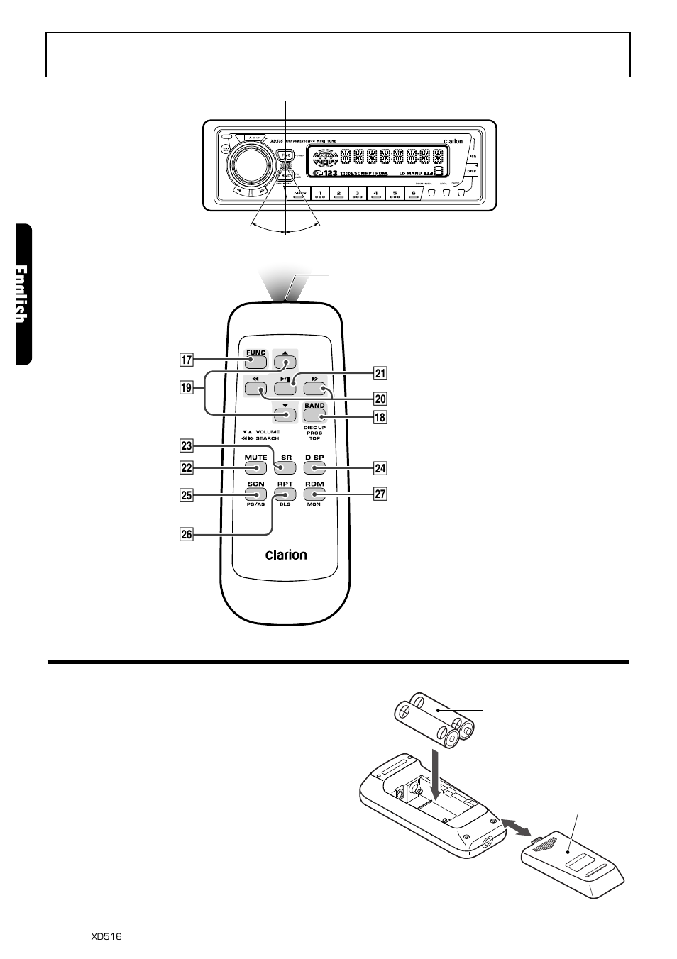 Remote control, English, Inserting the batteries | Remote control unit | Clarion XD516 User Manual | Page 6 / 16