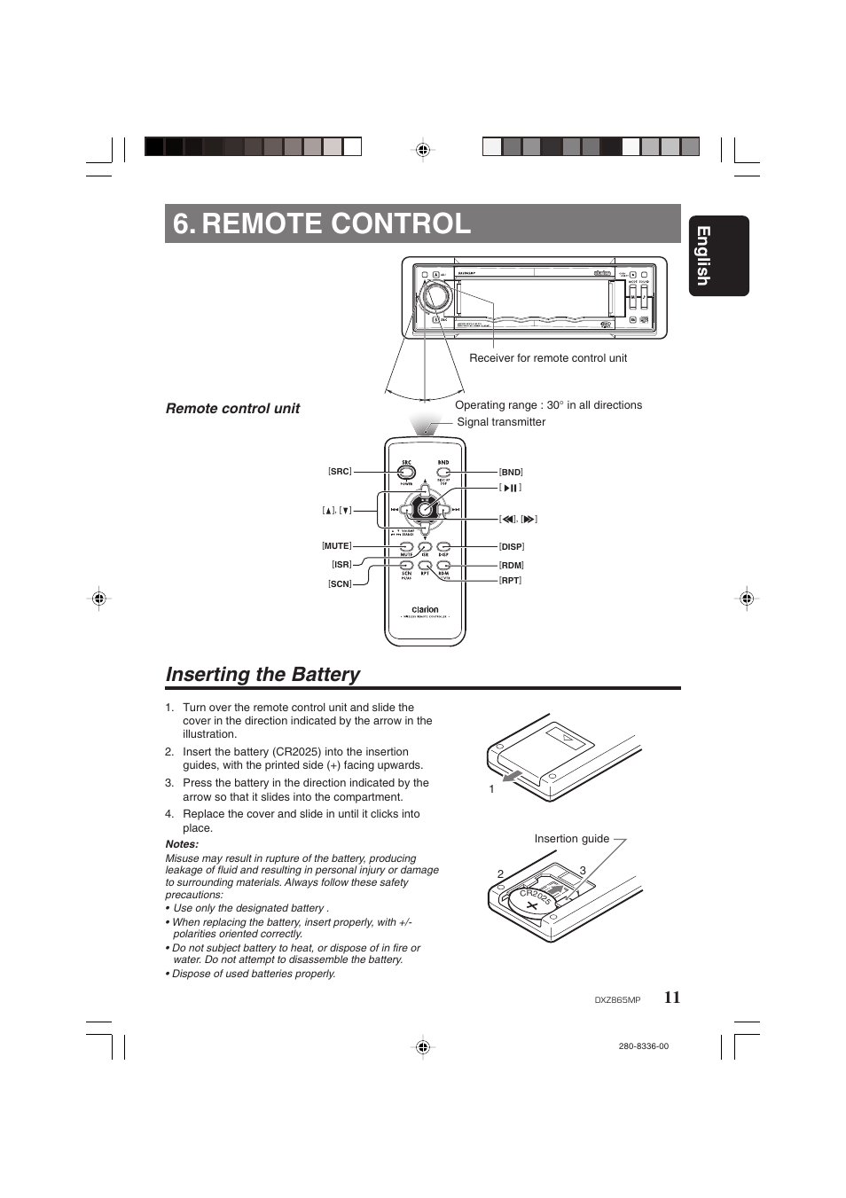 Remote control, Inserting the battery, English | Remote control unit | Clarion DXZ865MP User Manual | Page 11 / 46