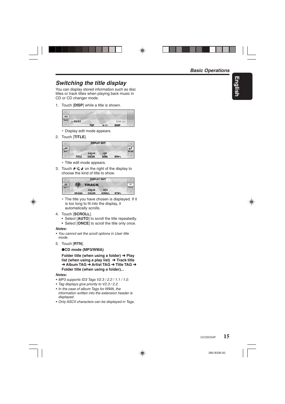 15 english, Switching the title display, Basic operations | Clarion DXZ865MP User Manual | Page 15 / 46