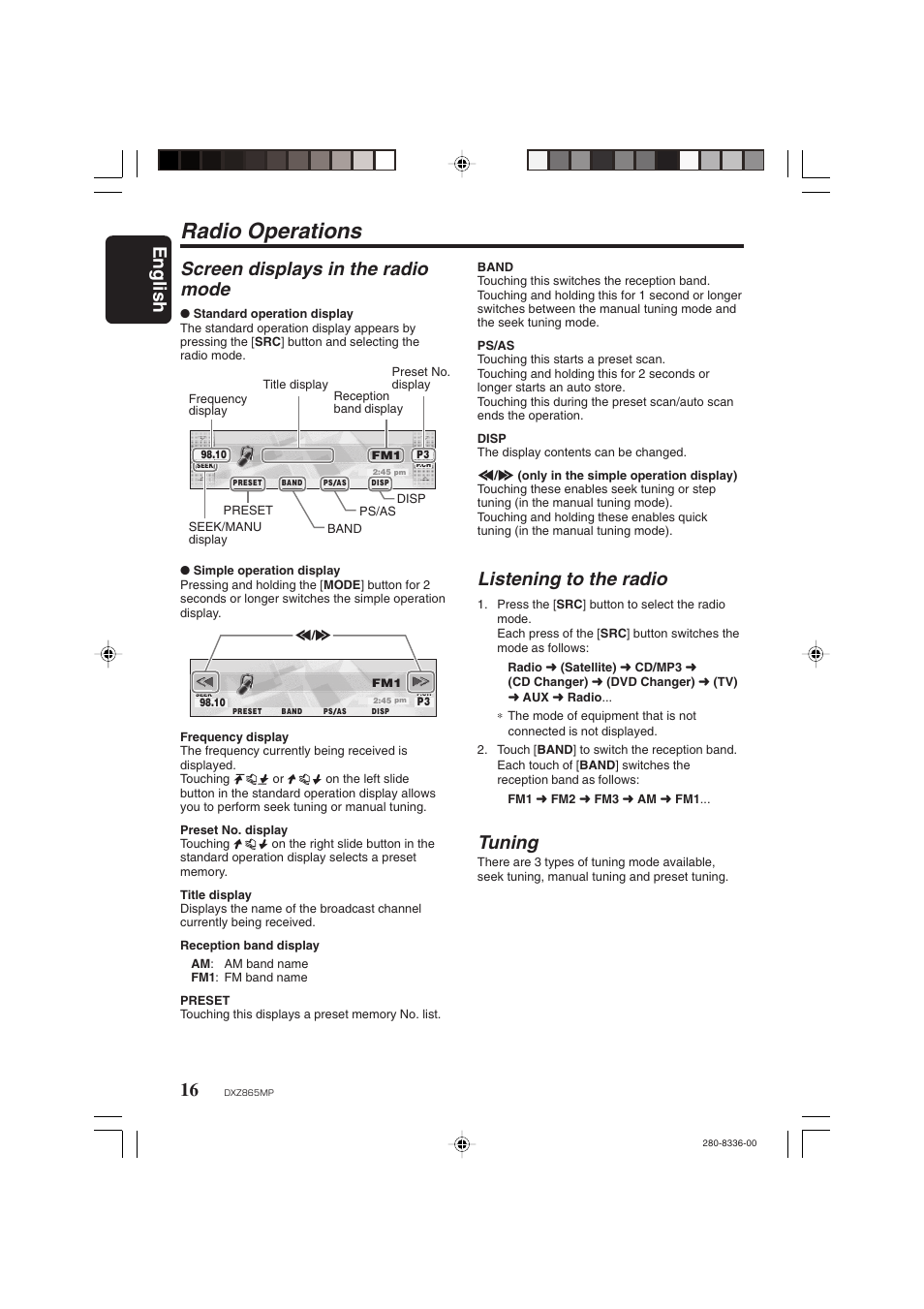 Radio operations, English, Screen displays in the radio mode | Listening to the radio, Tuning | Clarion DXZ865MP User Manual | Page 16 / 46