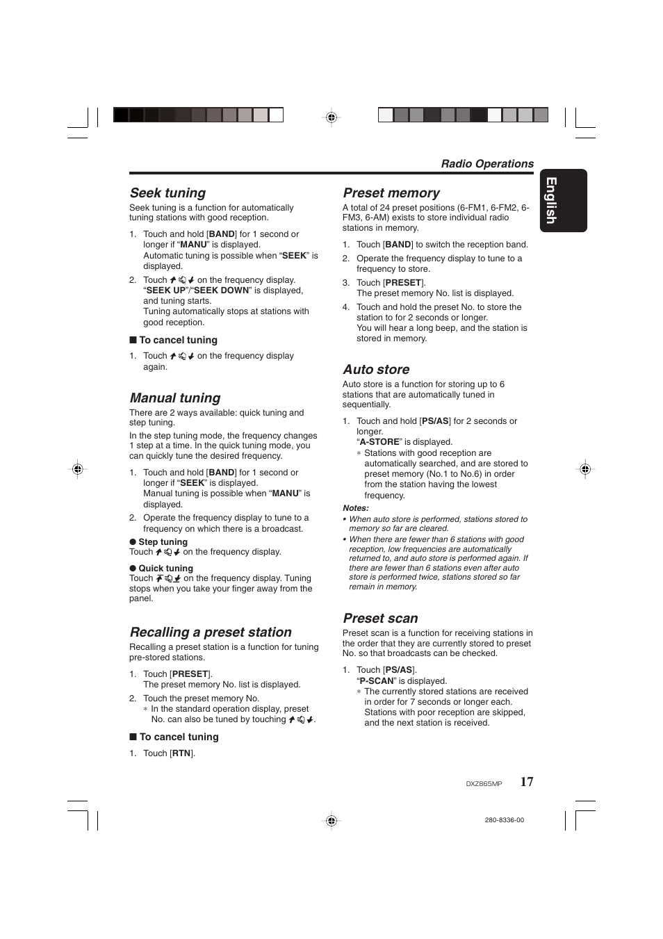 17 english seek tuning, Manual tuning, Recalling a preset station | Auto store, Preset scan | Clarion DXZ865MP User Manual | Page 17 / 46