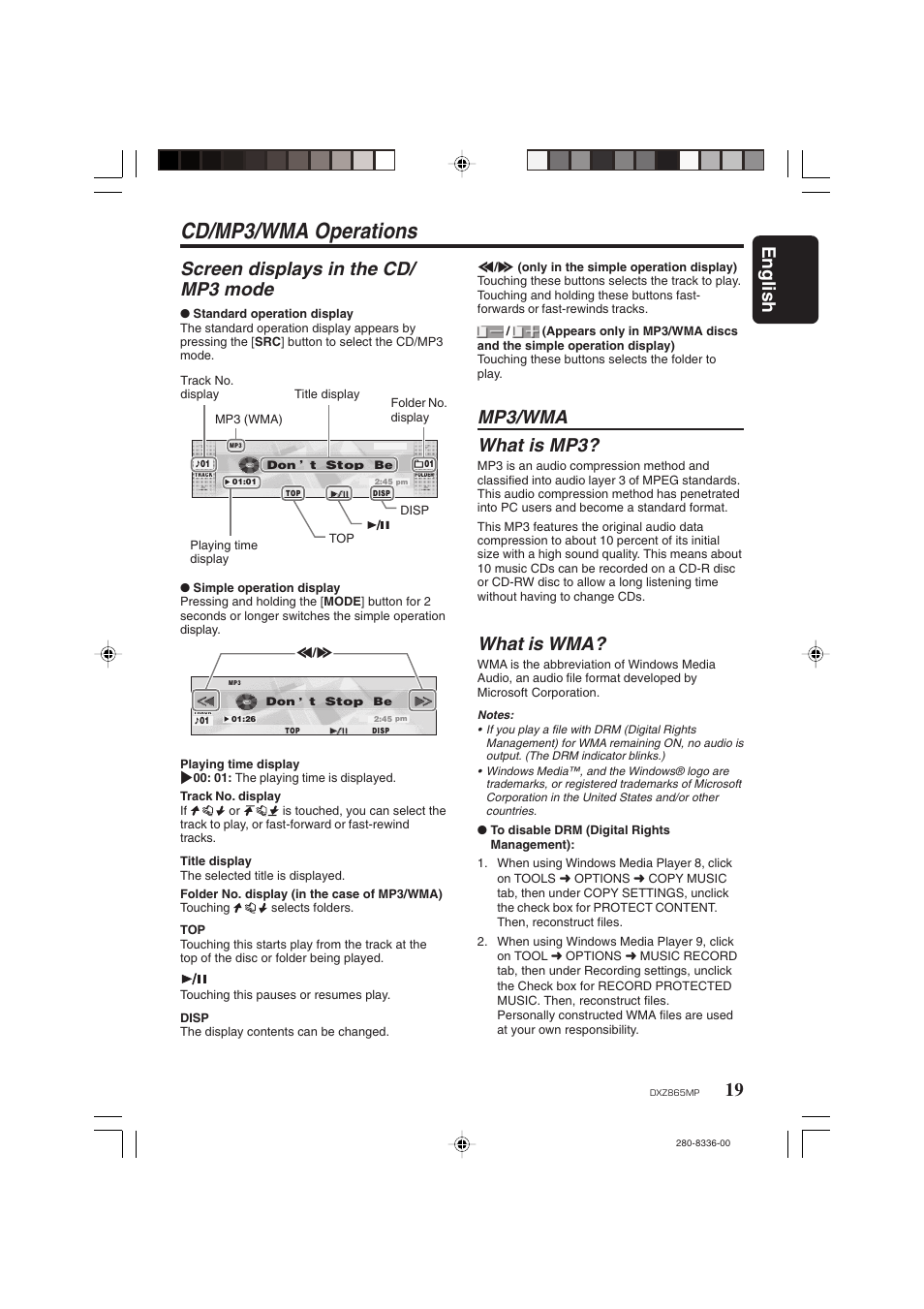 Cd/mp3/wma operations, 19 english, Screen displays in the cd/ mp3 mode | Mp3/wma what is mp3, What is wma | Clarion DXZ865MP User Manual | Page 19 / 46