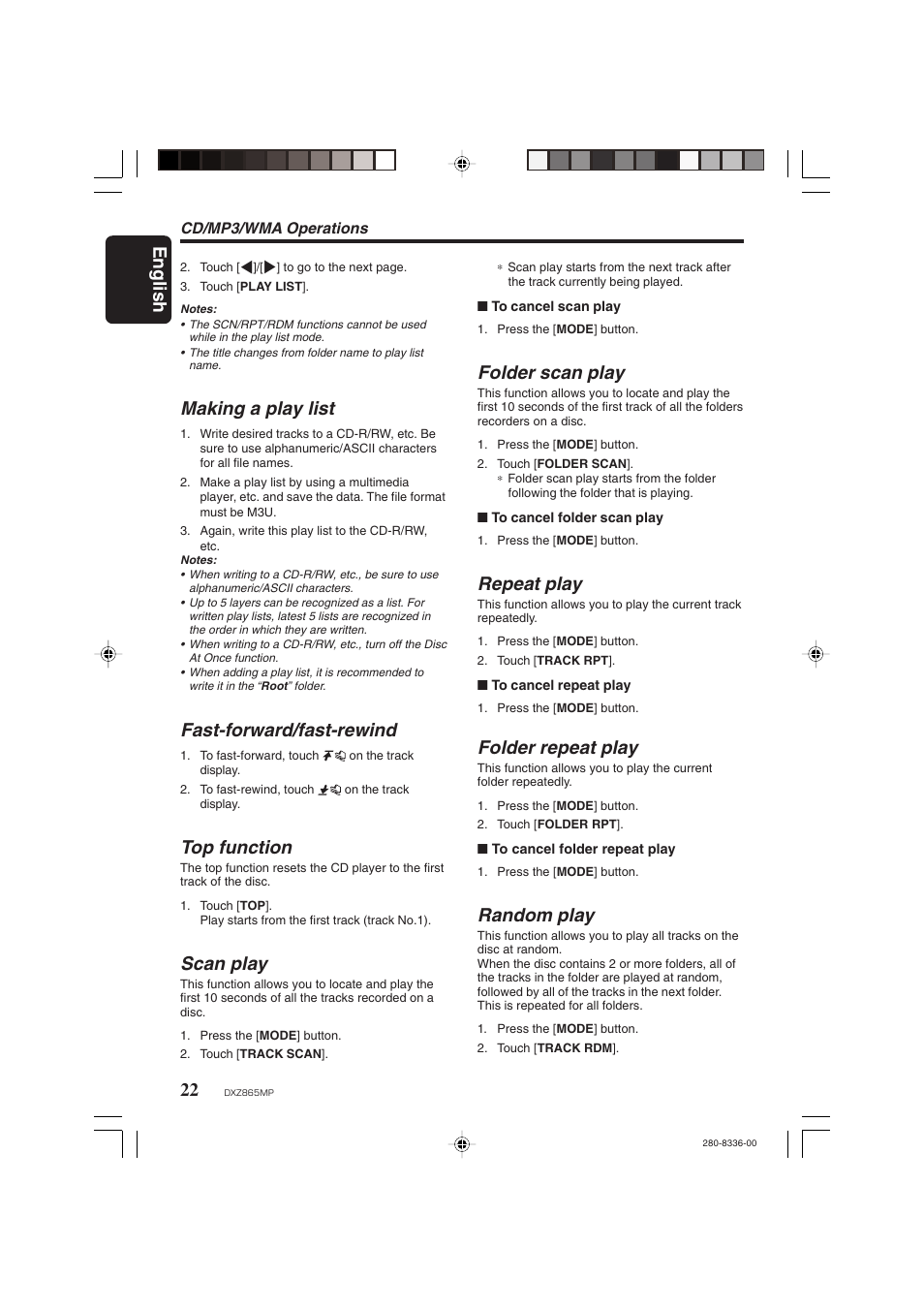 English, Making a play list, Fast-forward/fast-rewind | Top function, Scan play, Folder scan play, Repeat play, Folder repeat play, Random play | Clarion DXZ865MP User Manual | Page 22 / 46