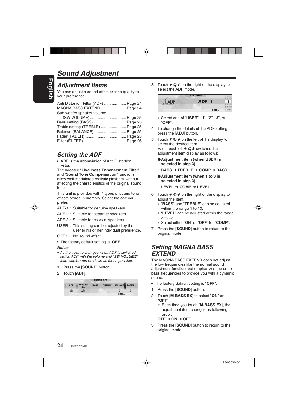 Sound adjustment, English, Adjustment items | Setting the adf, Setting magna bass extend | Clarion DXZ865MP User Manual | Page 24 / 46