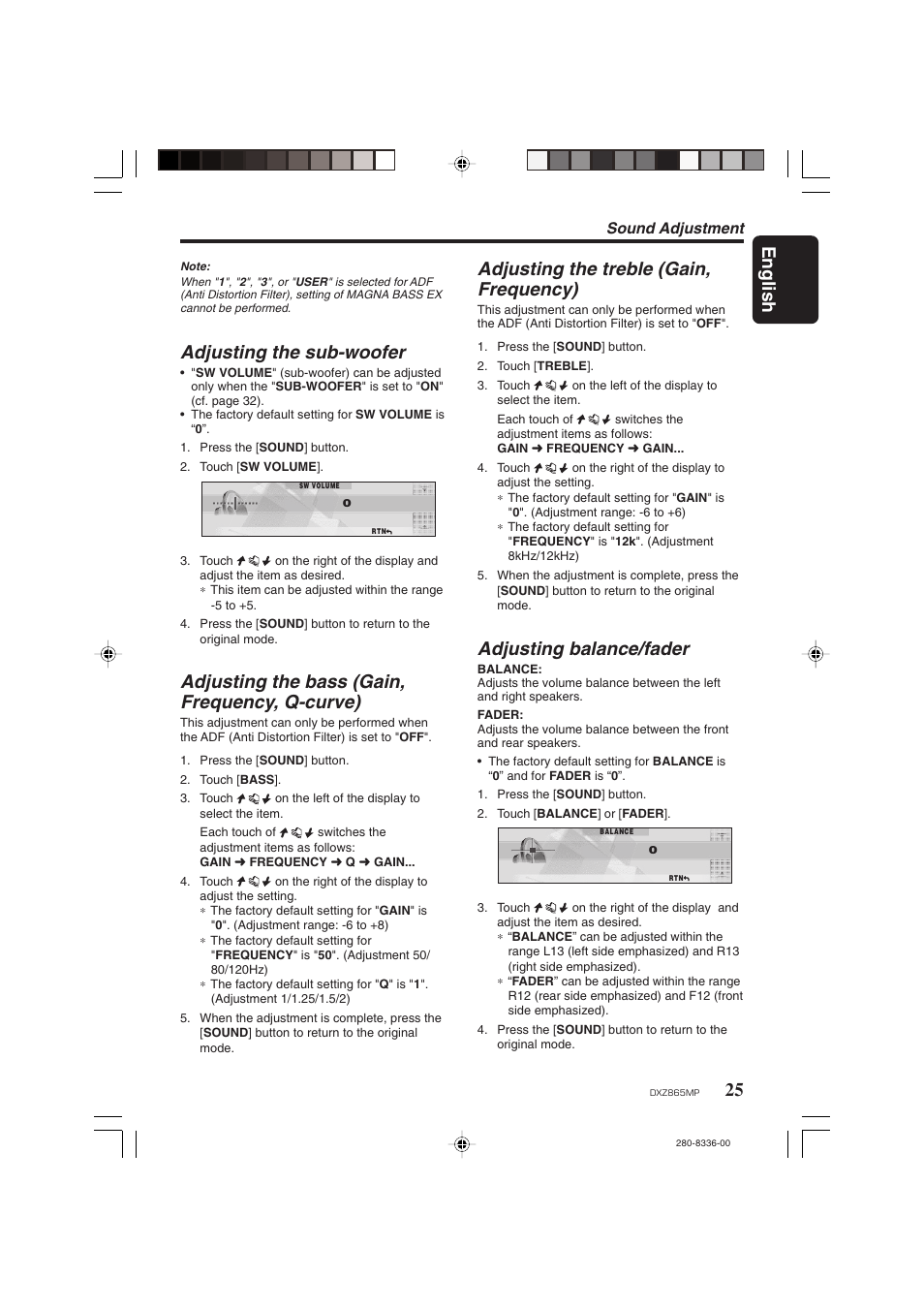 English, Adjusting the sub-woofer, Adjusting the bass (gain, frequency, q-curve) | Adjusting the treble (gain, frequency), Adjusting balance/fader, Sound adjustment | Clarion DXZ865MP User Manual | Page 25 / 46