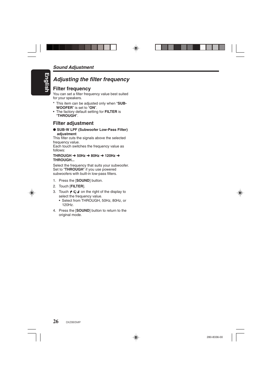 English, Adjusting the filter frequency, Filter frequency | Filter adjustment | Clarion DXZ865MP User Manual | Page 26 / 46