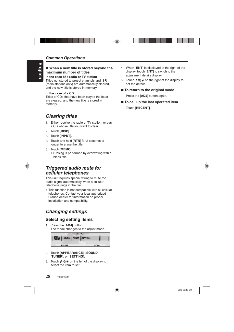 English, Clearing titles, Triggered audio mute for cellular telephones | Changing settings, Selecting setting items, Common operations | Clarion DXZ865MP User Manual | Page 28 / 46