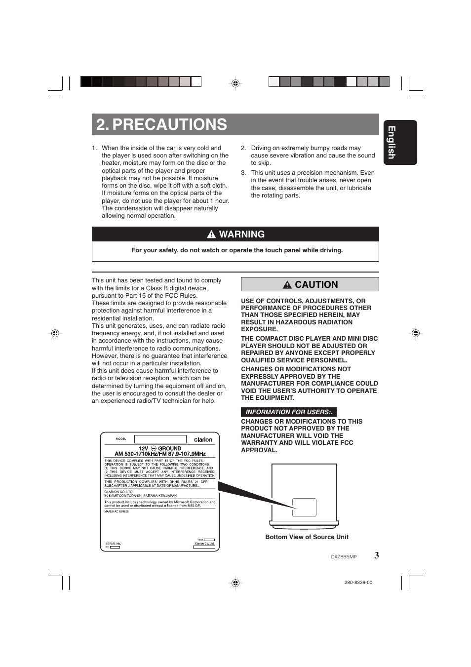 Precautions, 3english, Warning | Caution | Clarion DXZ865MP User Manual | Page 3 / 46
