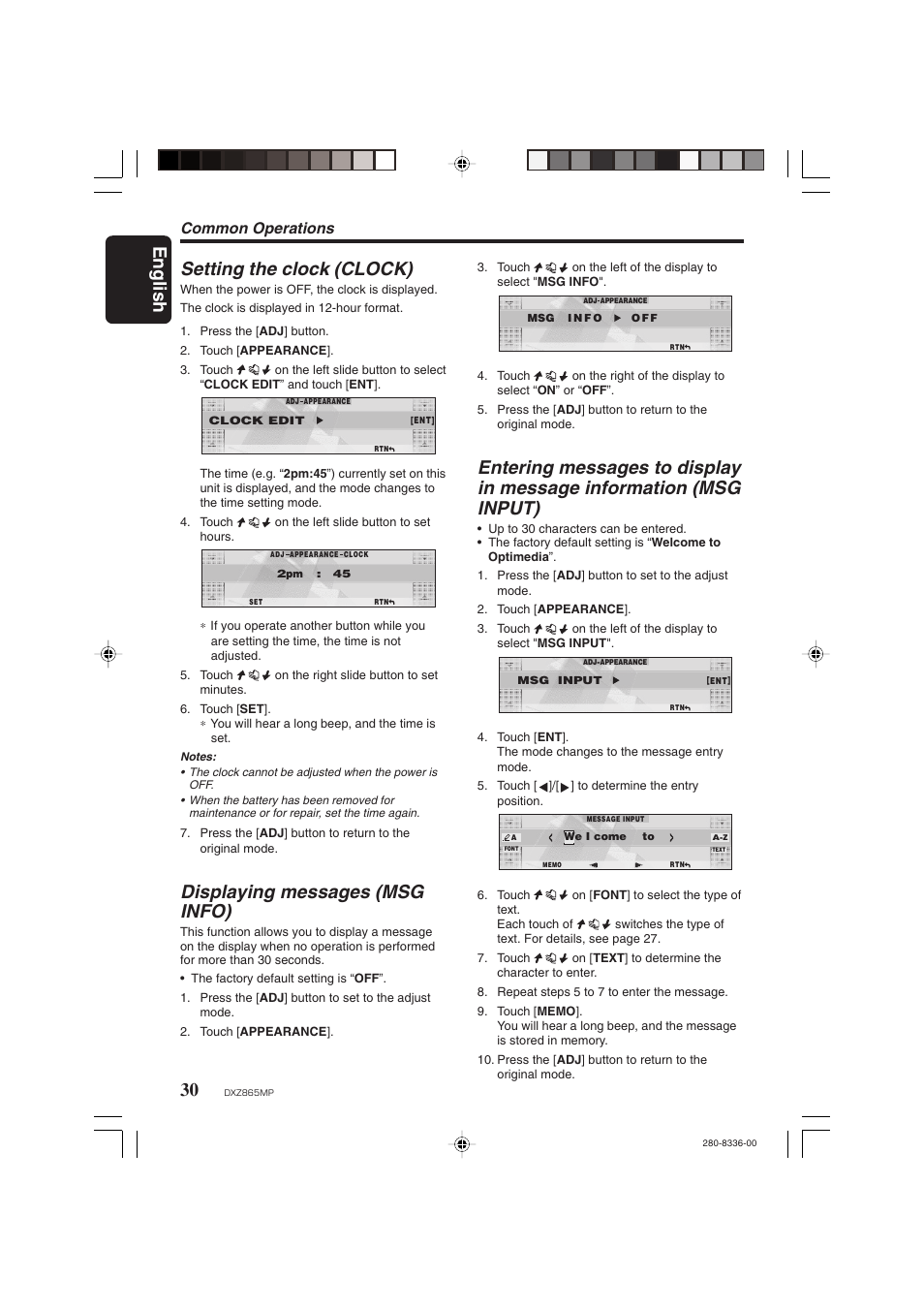 English setting the clock (clock), Displaying messages (msg info), Common operations | Clarion DXZ865MP User Manual | Page 30 / 46